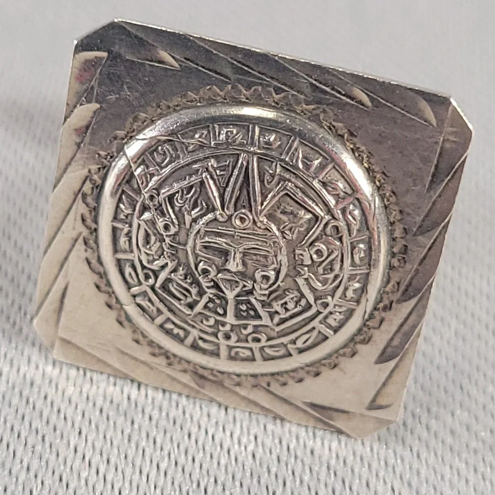 Mexico Sterling Silver Cufflinks Mens Aztec Sun Stone Calendar Square DF GZH 06
